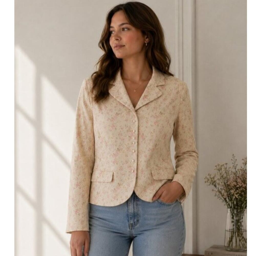 CHAPS Pearl Button Floral Cottagecore Cream & Pink Blazer Size Large